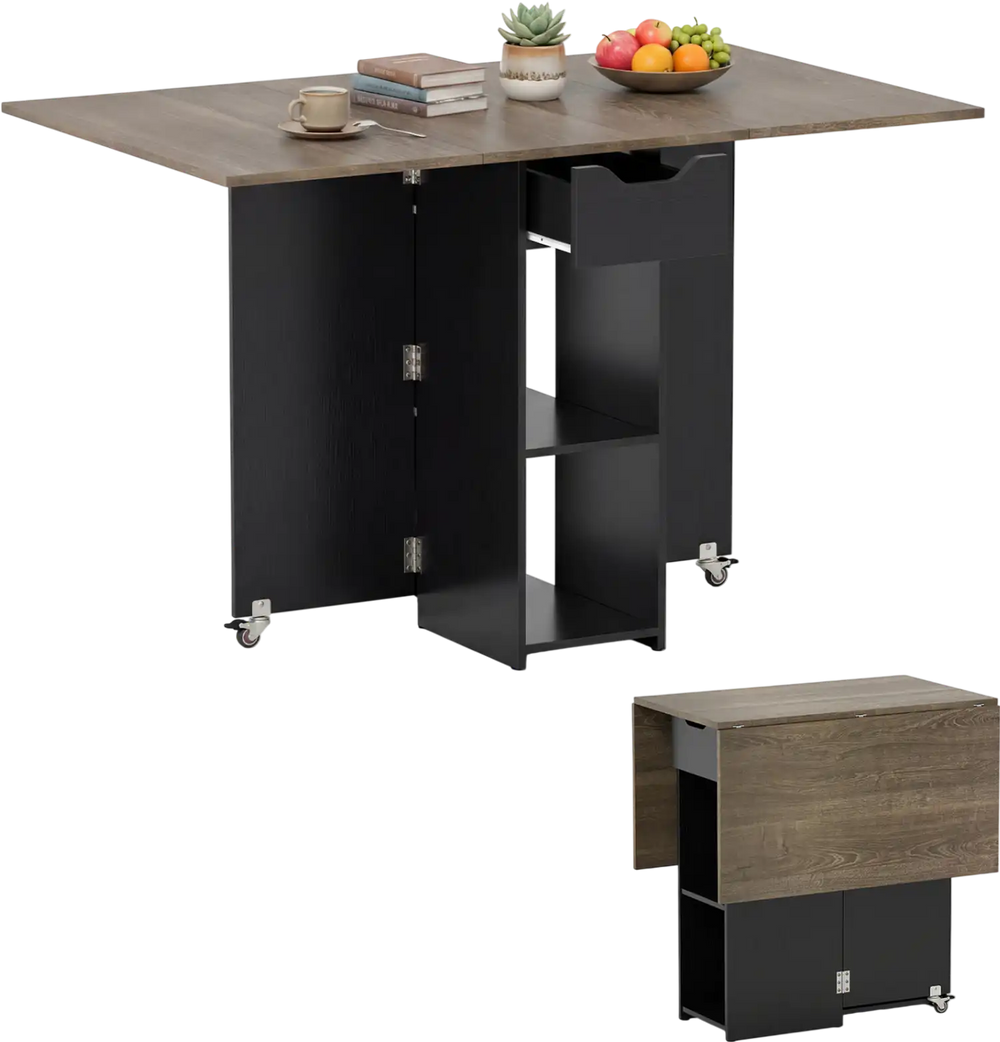Extendable 47.5-inch wooden dinner table in oak with lockable wheels, featuring drop leaves and storage shelves for.