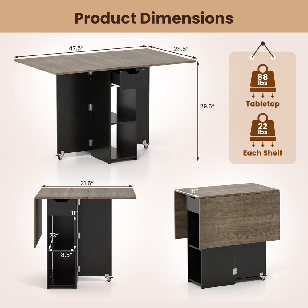 47.5-inch farmhouse extendable wooden dinner table with lockable wheels, featuring drop leaf panels and storage shelves.