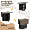 Extendable wooden dinner table with drop leaf panels, lockable wheels, and versatile use as dining, writing, or console.