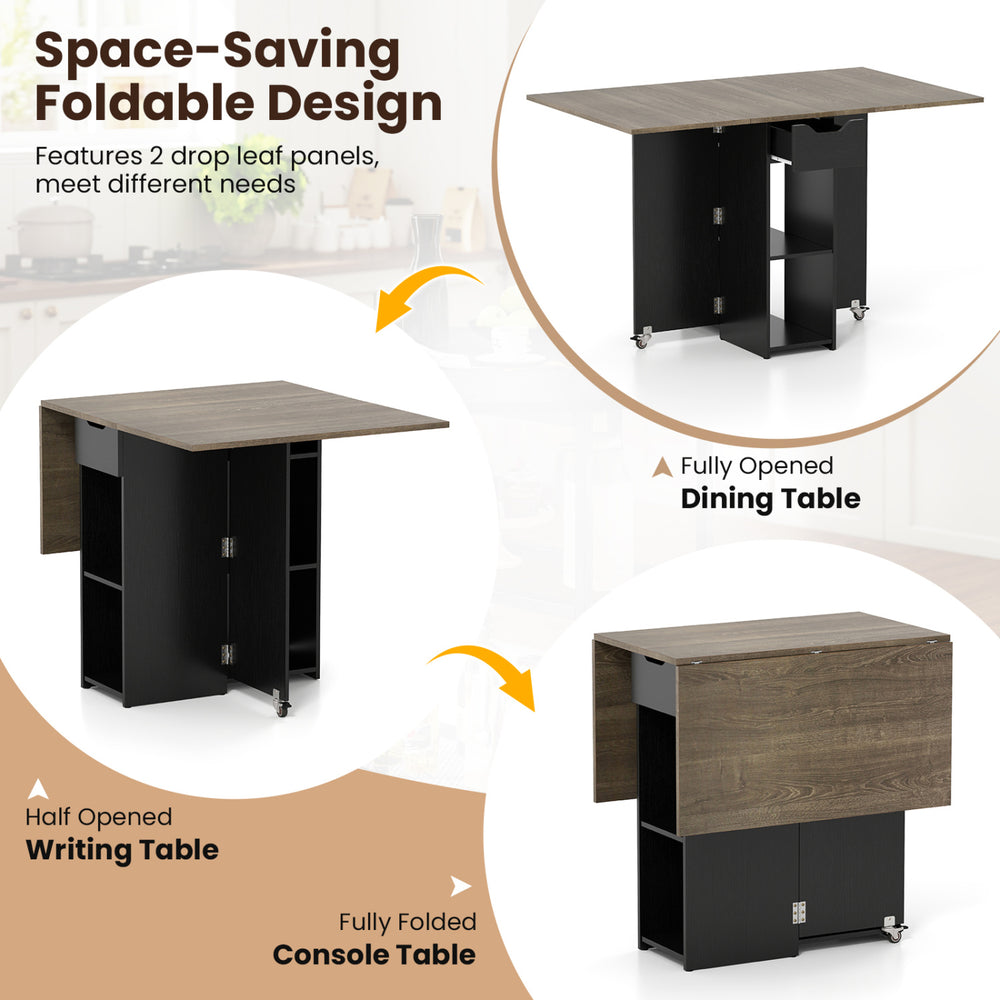 Extendable wooden dinner table with drop leaf panels, lockable wheels, and versatile use as dining, writing, or console.