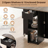 Extendable wooden dinner table with lockable wheels, featuring 2 open shelves and 1 enclosed drawer for organized.
