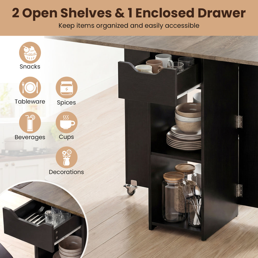 Extendable wooden dinner table with lockable wheels, featuring 2 open shelves and 1 enclosed drawer for organized.