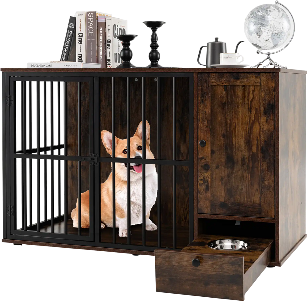 Rustic brown dog crate furniture with a lockable door, hidden pull-out bowls, and sturdy metal fencing for small to.