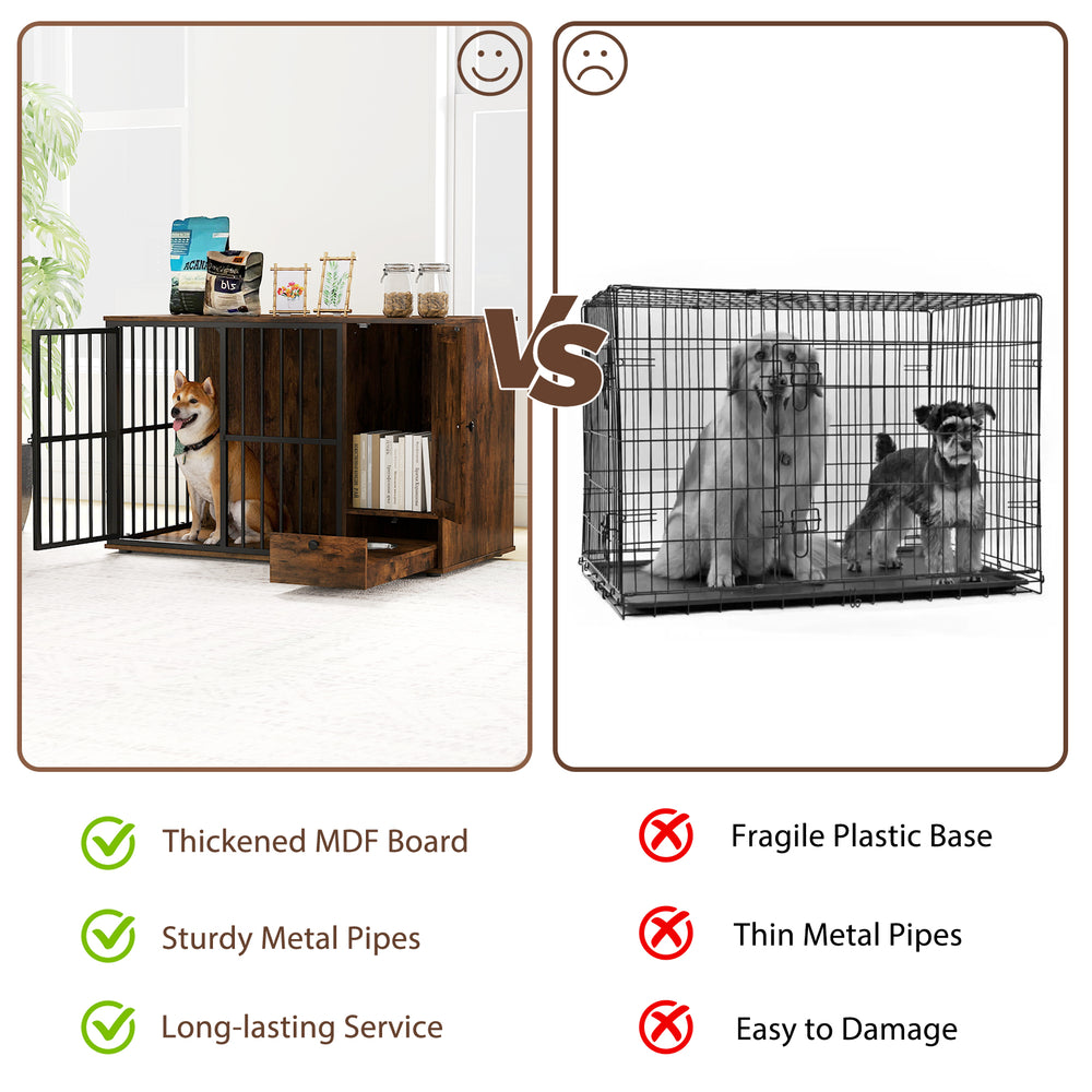 Rustic brown 47.5 inch dog crate furniture with pull-out bowls, ideal for small and medium dogs, doubles as an end.