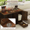 Rustic brown dog crate furniture with hidden pull-out drawer and 2 stainless steel bowls for small and medium dogs.