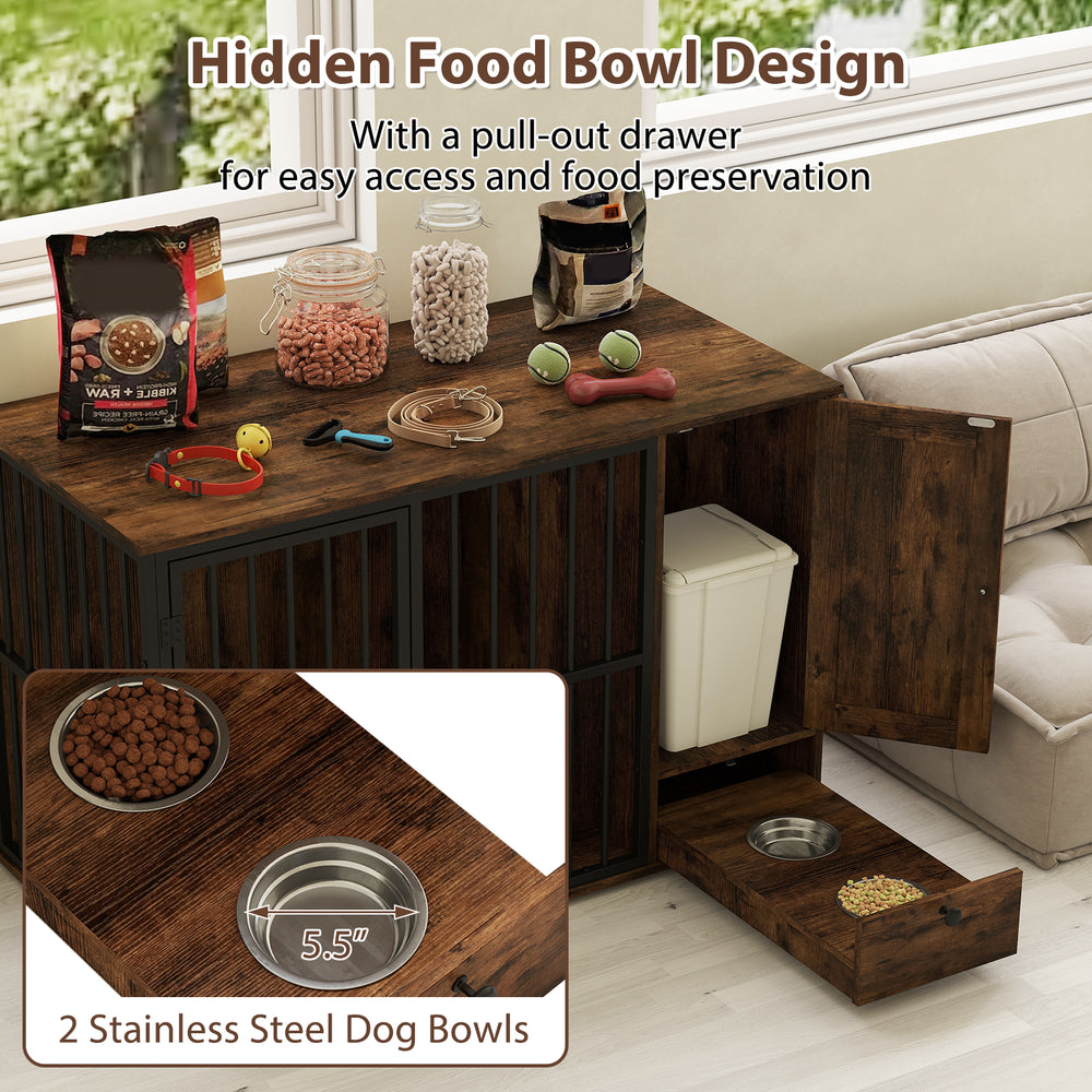 Rustic brown dog crate furniture with hidden pull-out drawer and 2 stainless steel bowls for small and medium dogs.