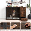 Rustic brown dog crate furniture with pull-out bowls, sturdy metal latch, and adjustable foot pads for small to medium.