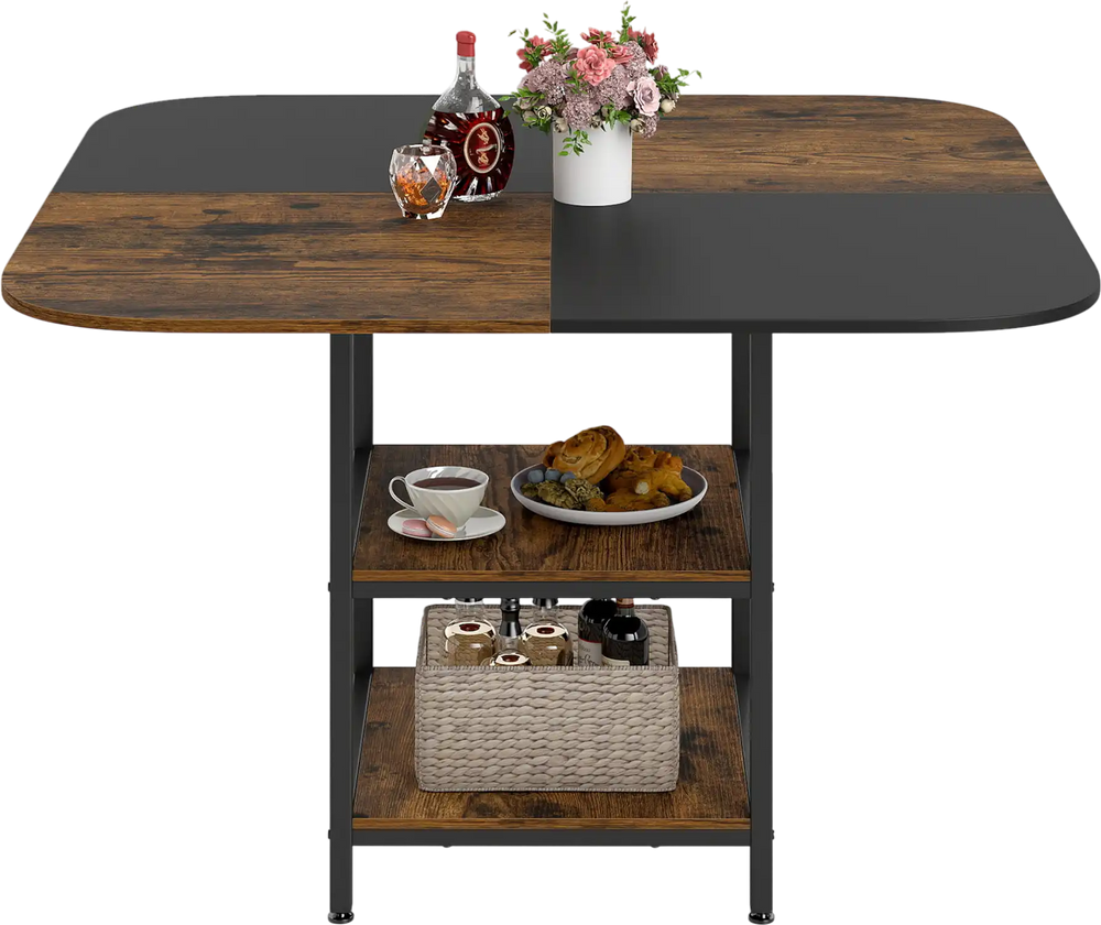 Modern 47.5 inch square dining table with rustic brown and black tabletop, featuring 2-tier shelves for storage.