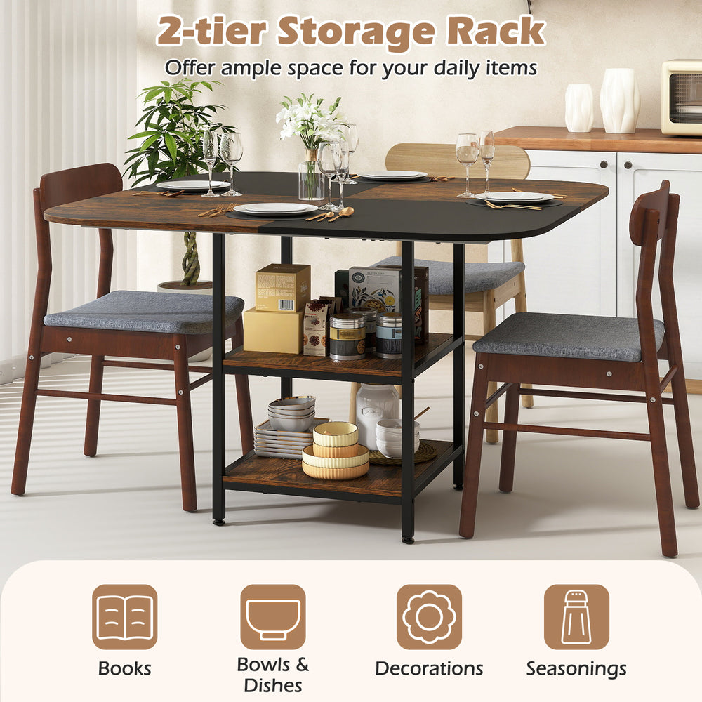 Modern 47.5-inch square dining table with a rustic brown multi-color tabletop and 2-tier storage rack for versatile use.