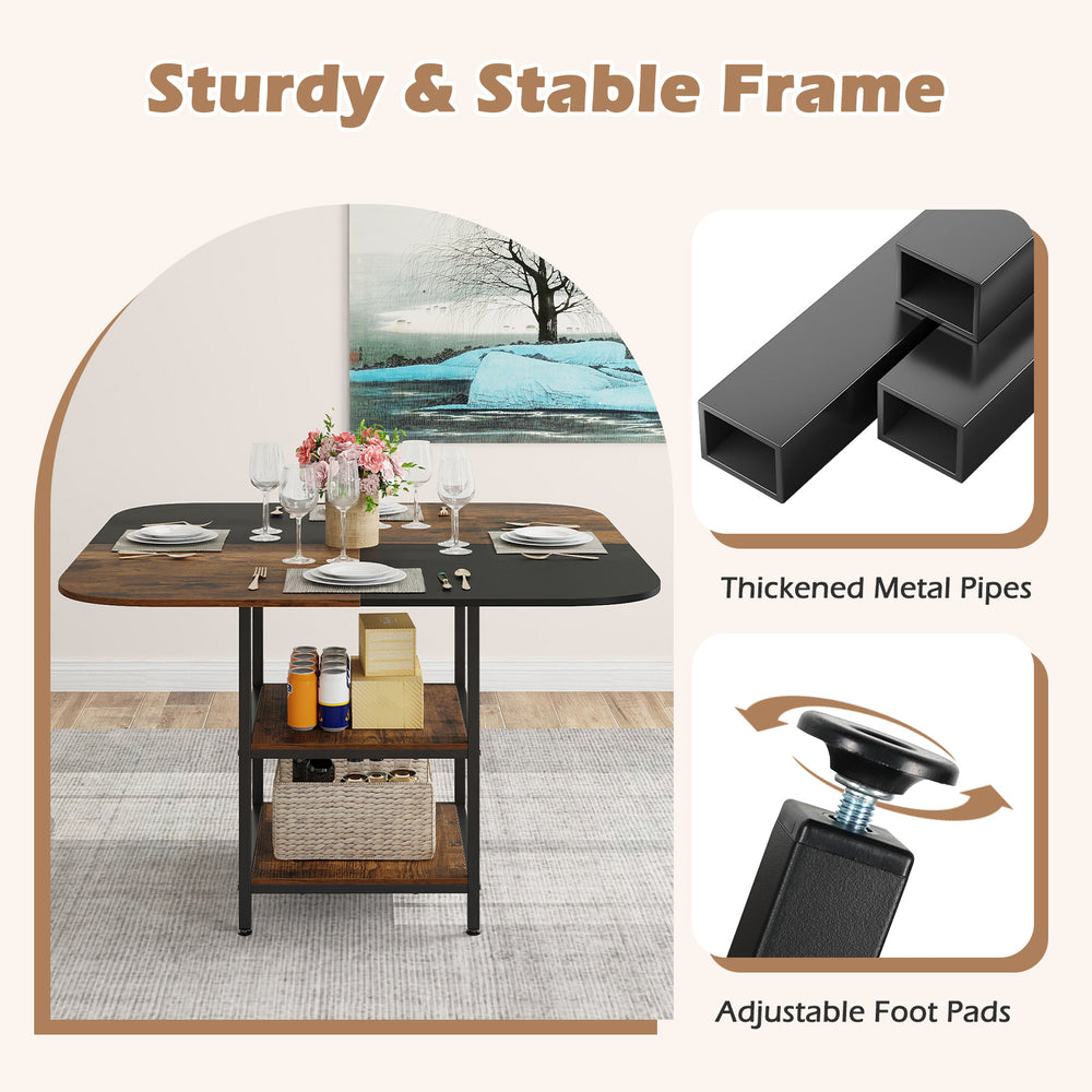 Square 47.5 inch modern dining table with rustic brown multi-color tabletop and sturdy metal frame, perfect for dining.