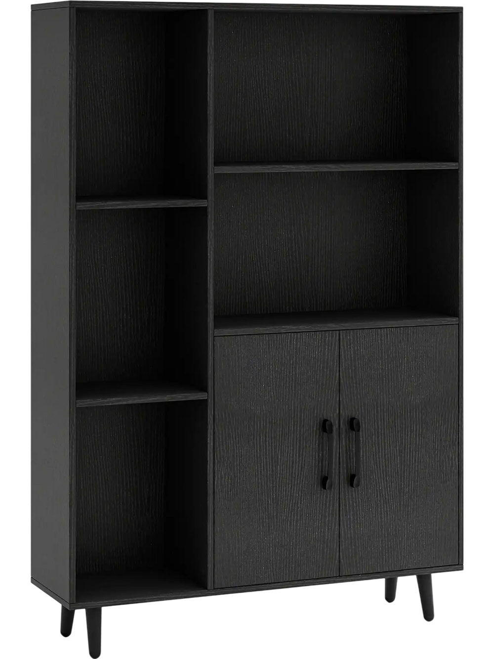 Black 4-inch floor bookshelf with 5 open compartments and a storage cabinet, perfect for living room or office.