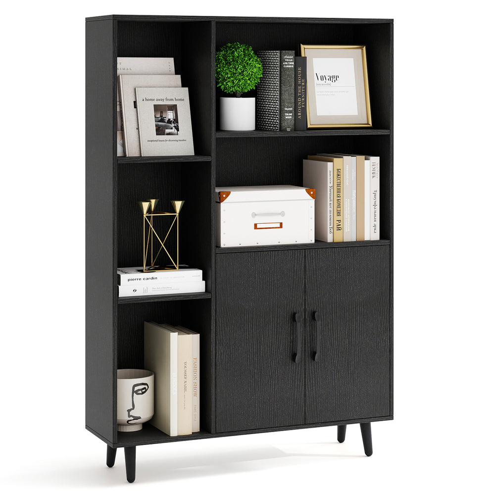 Black 4-inch floor bookshelf showcasing books and decor in 5 open compartments, ideal for modern home organization.