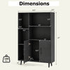 Dimensions of the black 4-inch floor bookshelf with 5 compartments and 2-door cabinet for versatile storage solutions.