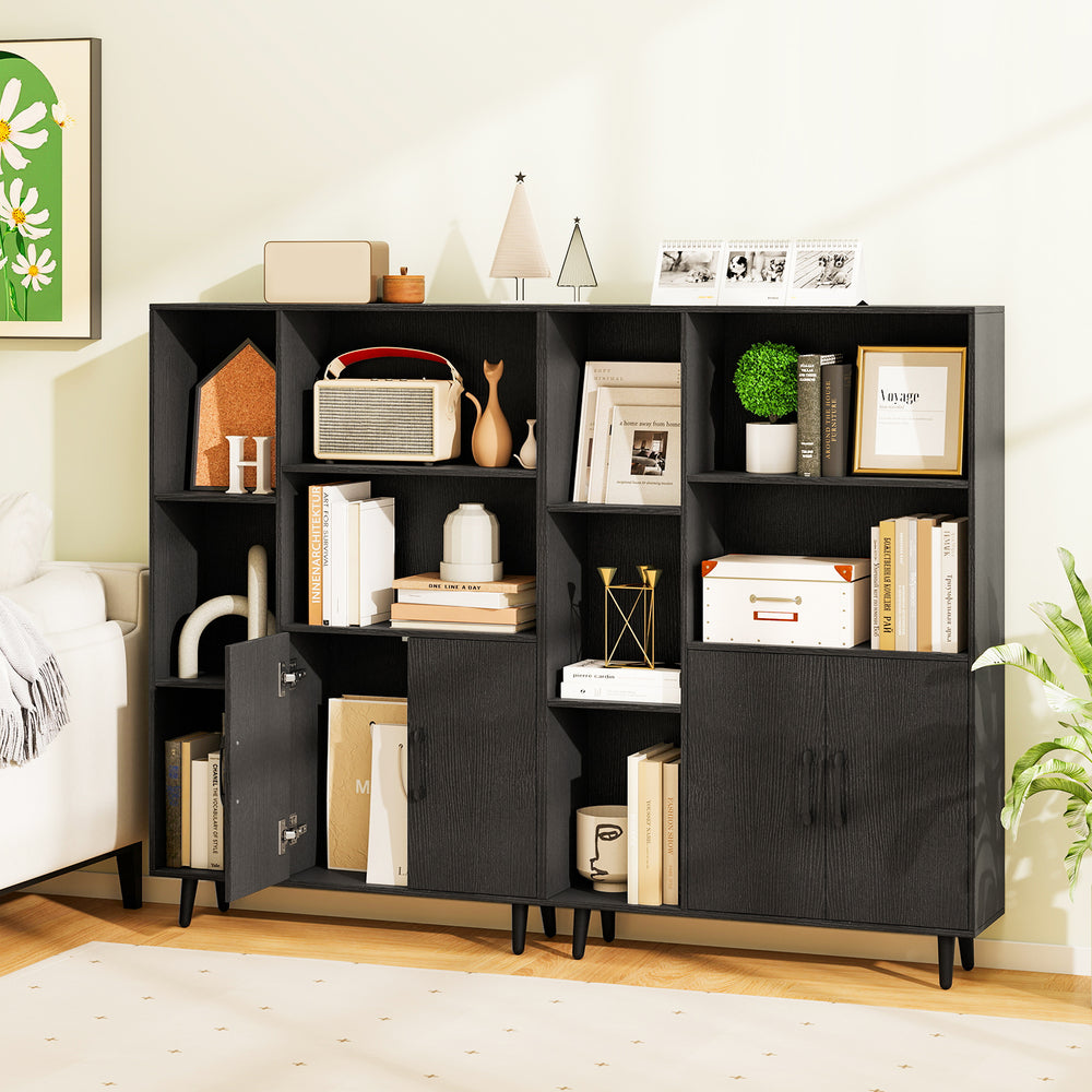Black 4-inch floor bookshelf featuring 5 open compartments and a 2-door cabinet, perfect for living room or office.
