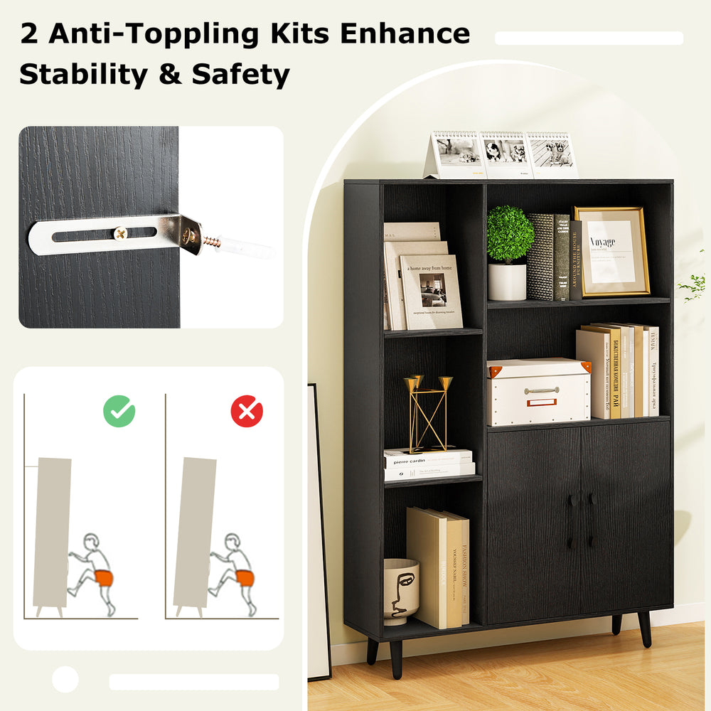 4-inch black floor bookshelf with 5 open compartments and storage cabinet, featuring anti-toppling kits for added.