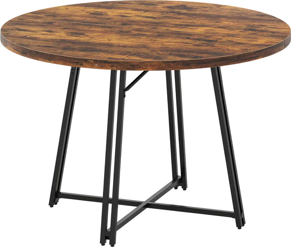 Round 47-inch dining table in rustic brown with a sturdy cross base, seating 4-6 people for stylish dining.