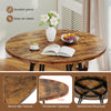 Round 47-inch dining table in rustic brown with wood-like texture, seating 4-6 people, featuring a sturdy cross base.