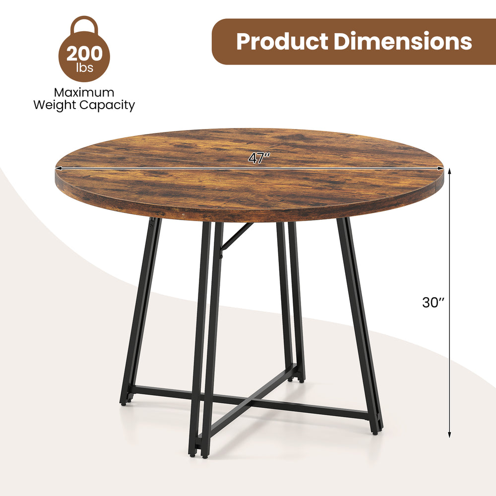 Round 47-inch dining table in rustic brown with a cross base, seating 4-6 people, featuring sturdy metal legs and.