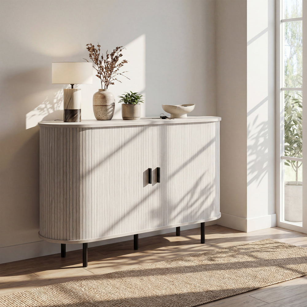47 Inch Fluted Sideboard Buffet Cabinet with Tambour Sliding Doors and Metal Legs-Grey - Gallery View 1 of 10