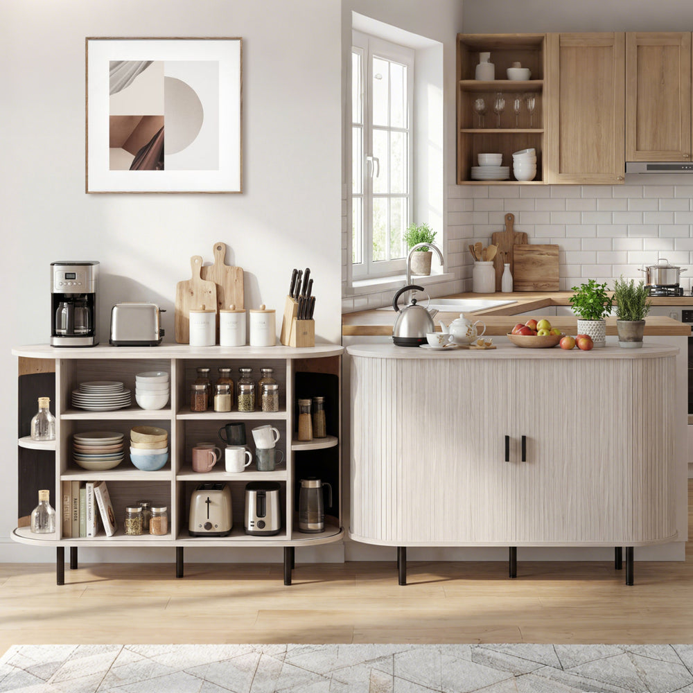 Fluted sideboard buffet cabinet with tambour sliding doors, grey finish, and metal legs for organized kitchen storage.