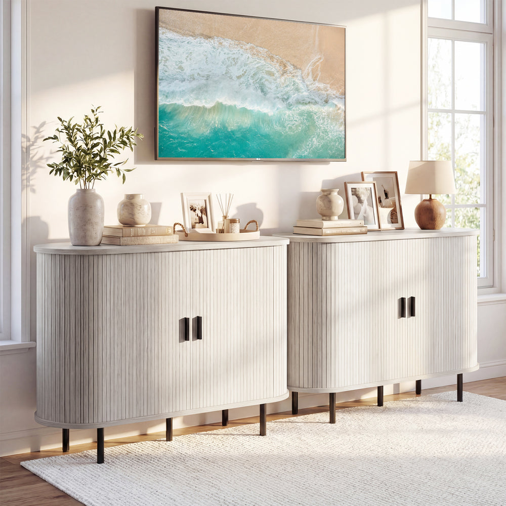 Fluted sideboard buffet cabinet with tambour sliding doors, grey finish, and metal legs, ideal for stylish storage.