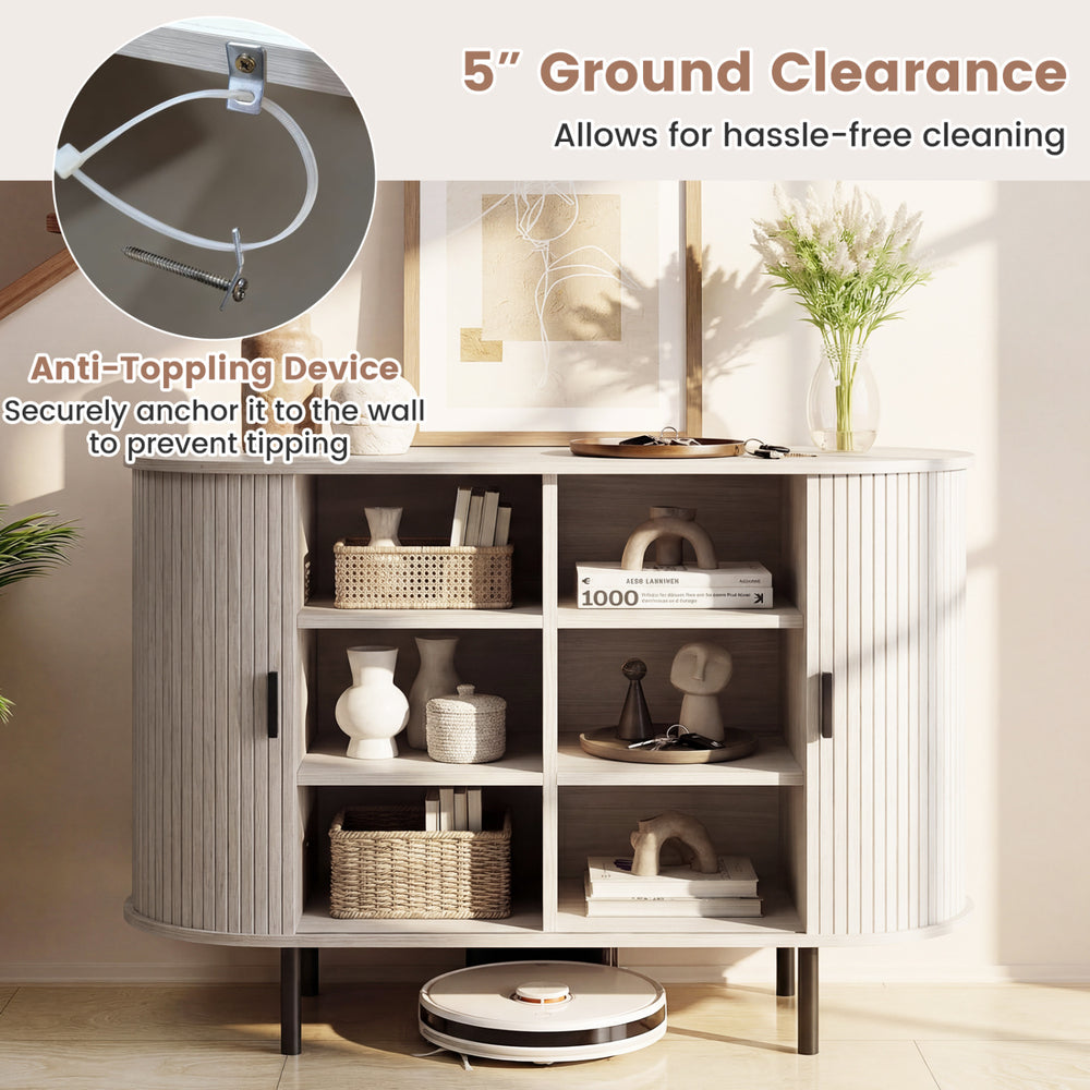 Fluted sideboard buffet cabinet with tambour sliding doors, grey finish, 5-inch ground clearance for easy cleaning.