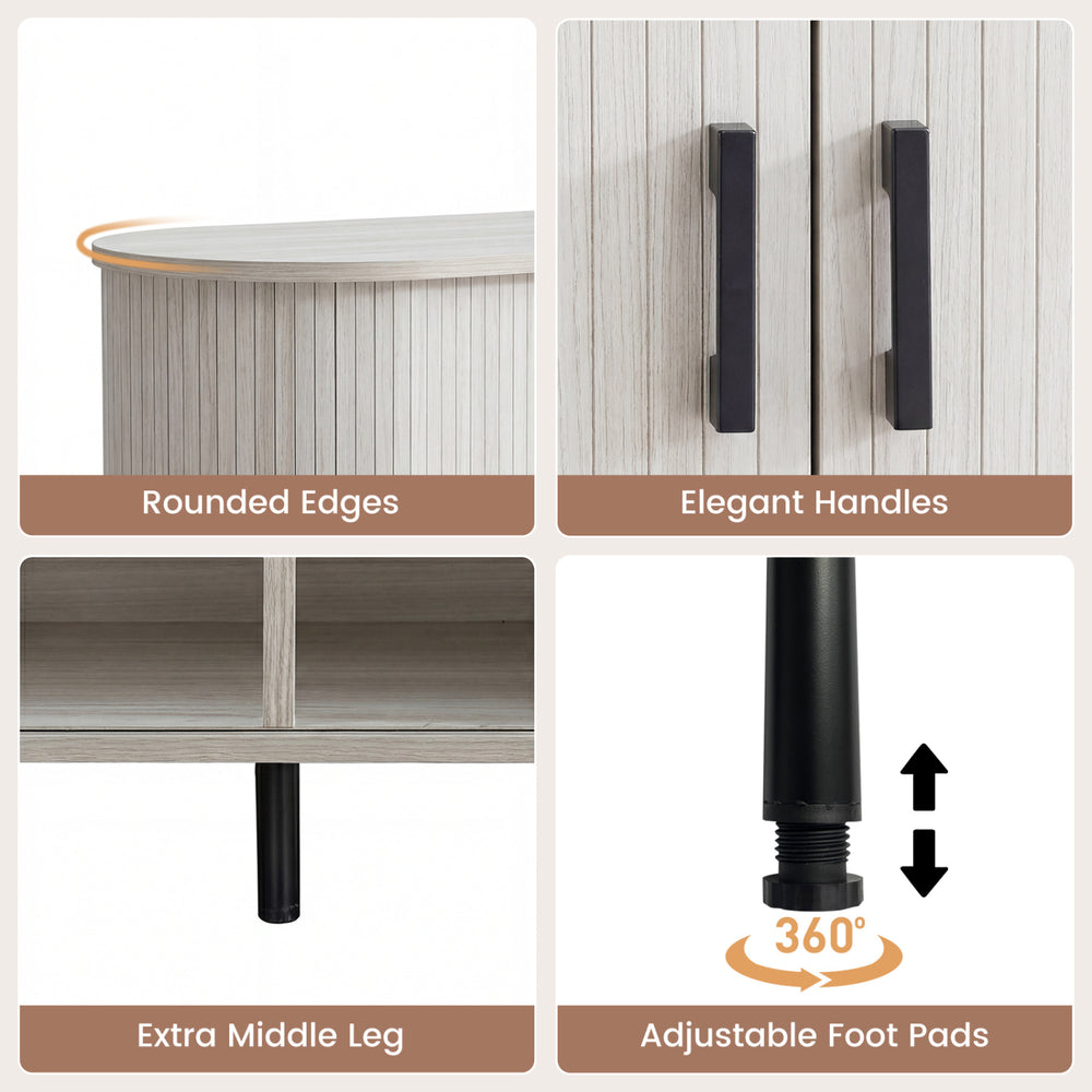 Fluted doors of the 47-inch grey sideboard buffet cabinet with elegant handles and rounded edges for stylish storage.