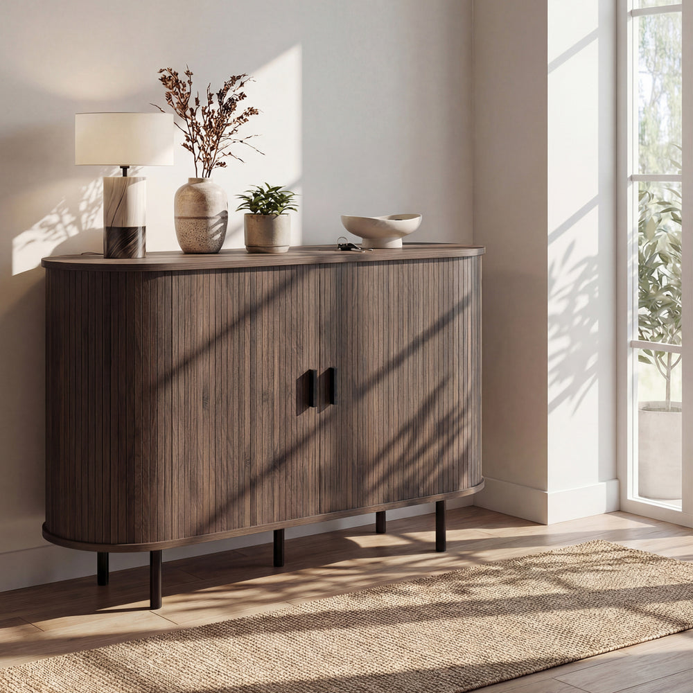 47 Inch Fluted Sideboard Buffet Cabinet with Tambour Sliding Doors and Metal Legs-Walnut - Gallery View 1 of 10