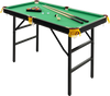 47-inch folding billiard table in green with cues, chalk, and adjustable foot pads for kids' play and space-saving.