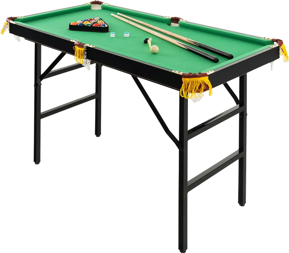 47-inch folding billiard table in green with cues, chalk, and adjustable foot pads for kids' play and space-saving.