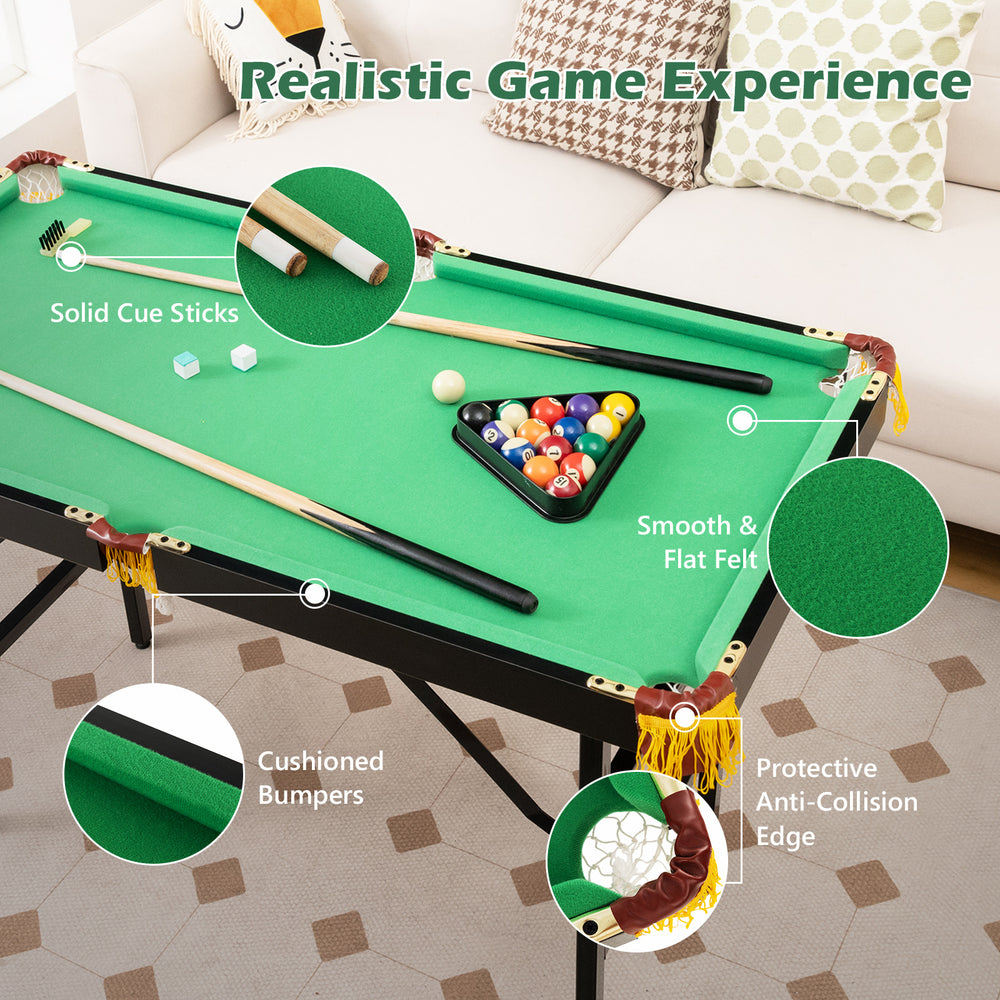47-inch folding billiard table with green felt, solid cue sticks, and cushioned bumpers for kids' playtime fun.