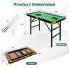 Folding billiard table with green felt, dimensions 47"x25"x30.5", includes cues and accessories for kids' play.