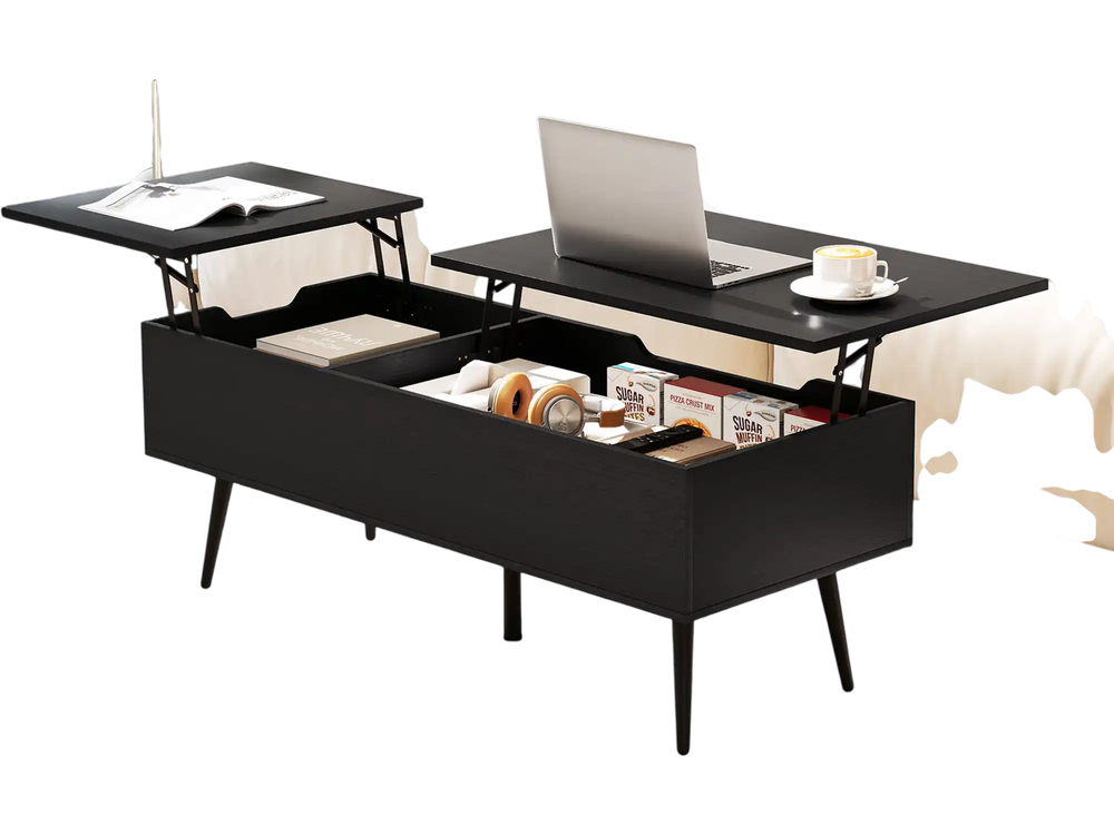 Lift top coffee table in black with two hidden compartments, ideal for storage and convenient use in living spaces.