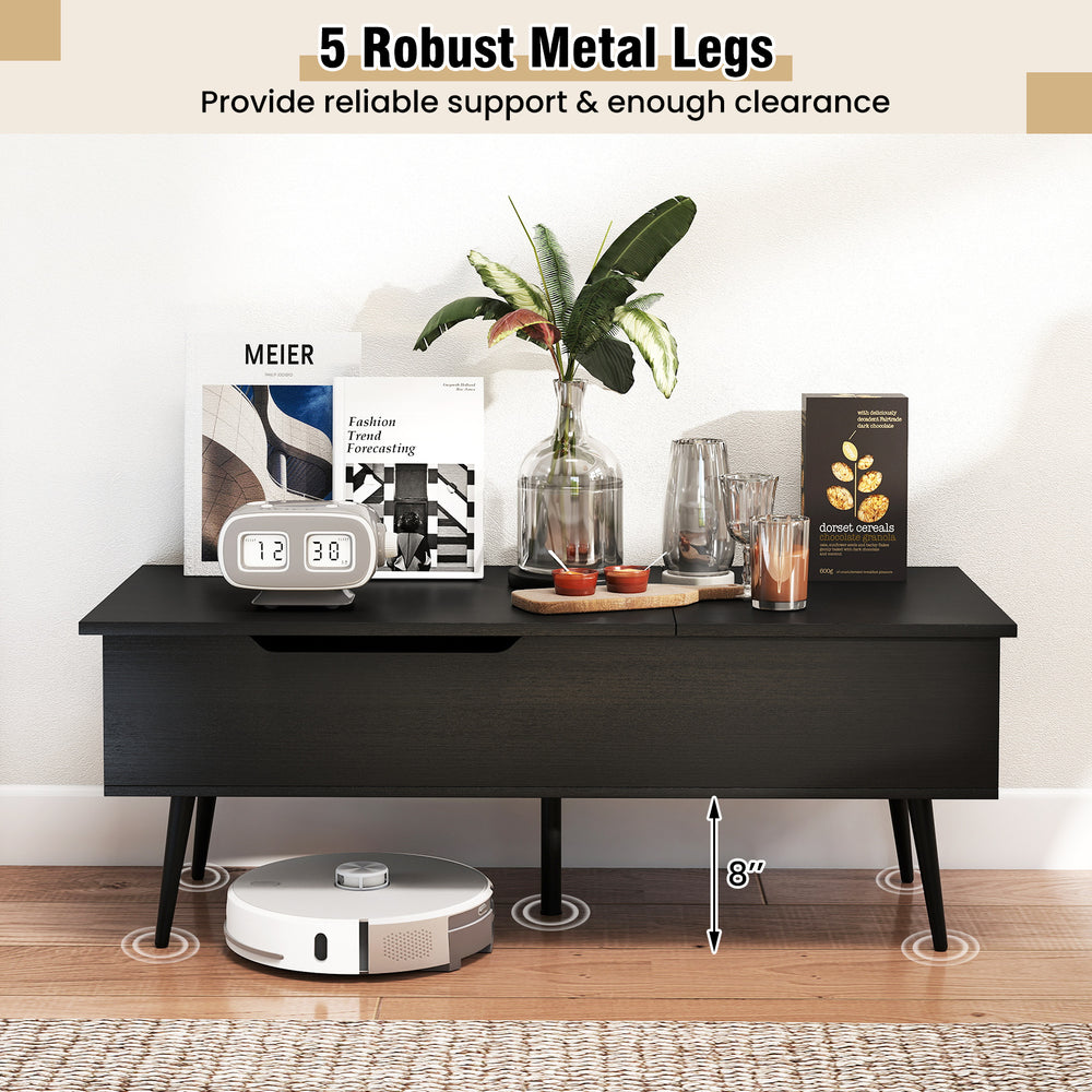 Lift top coffee table with two hidden compartments, black finish, and five robust metal legs for reliable support.