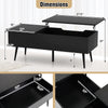 Lift top coffee table in black with dimensions, showcasing two hidden compartments and splayed solid wood legs.