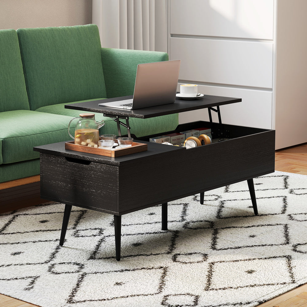 Lift top coffee table in black with two hidden compartments and adjustable height, perfect for versatile use.