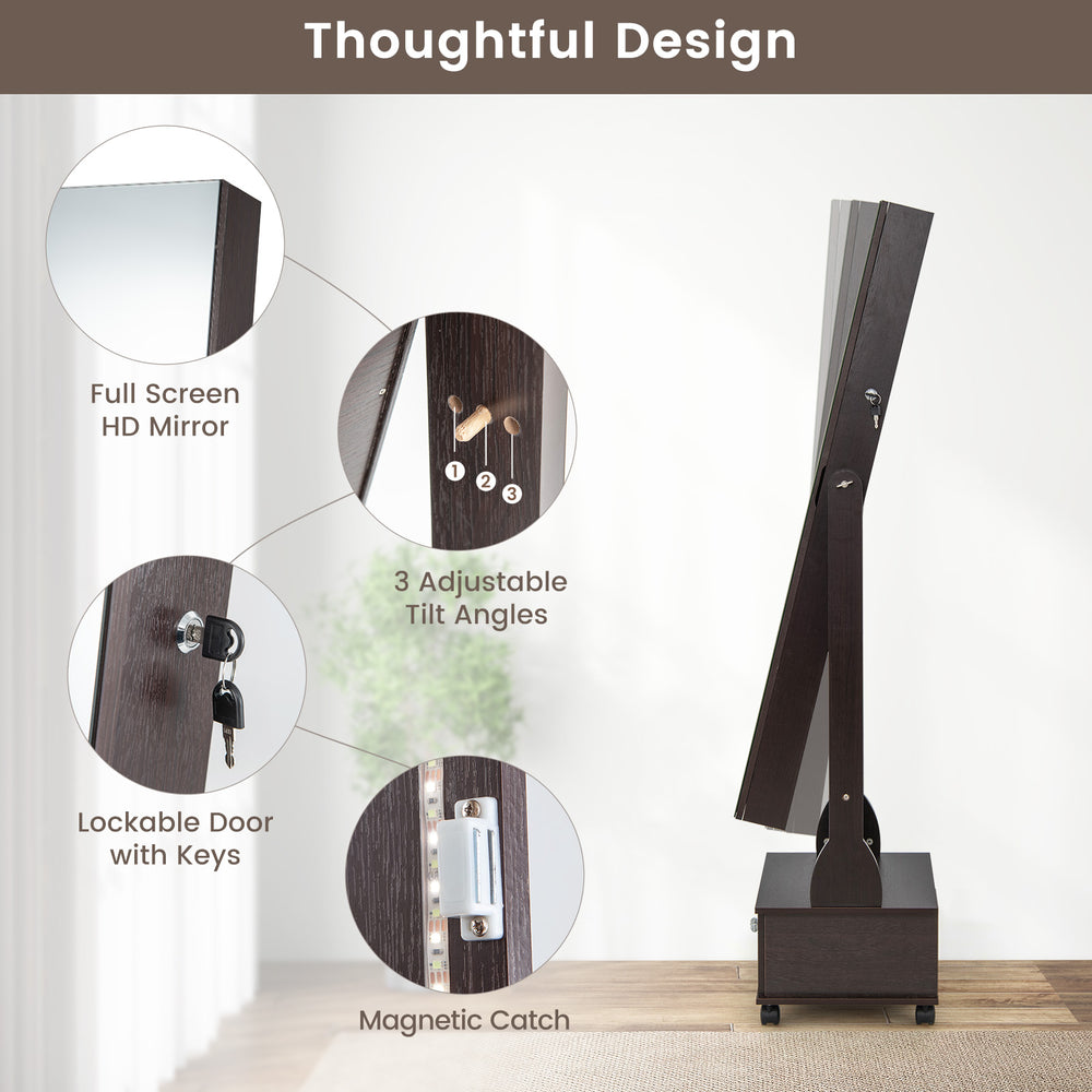 47-inch brown lockable jewelry cabinet armoire with full-length mirror, 3-color LED lights, and adjustable tilt angles.