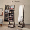 Lockable jewelry cabinet armoire with full-length mirror, LED lights, and storage drawers in brown, ideal for organized.