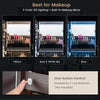 Lockable jewelry cabinet armoire with 3-color LED lights, full-length mirror, and storage options in brown finish.