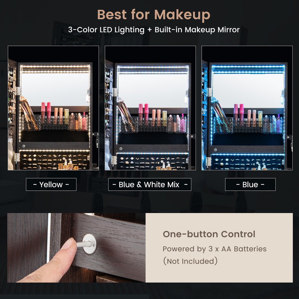 Lockable jewelry cabinet armoire with 3-color LED lights, full-length mirror, and storage options in brown finish.