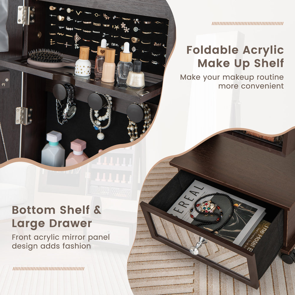 Jewelry cabinet armoire with foldable acrylic makeup shelf and large drawer for organized storage in brown finish.