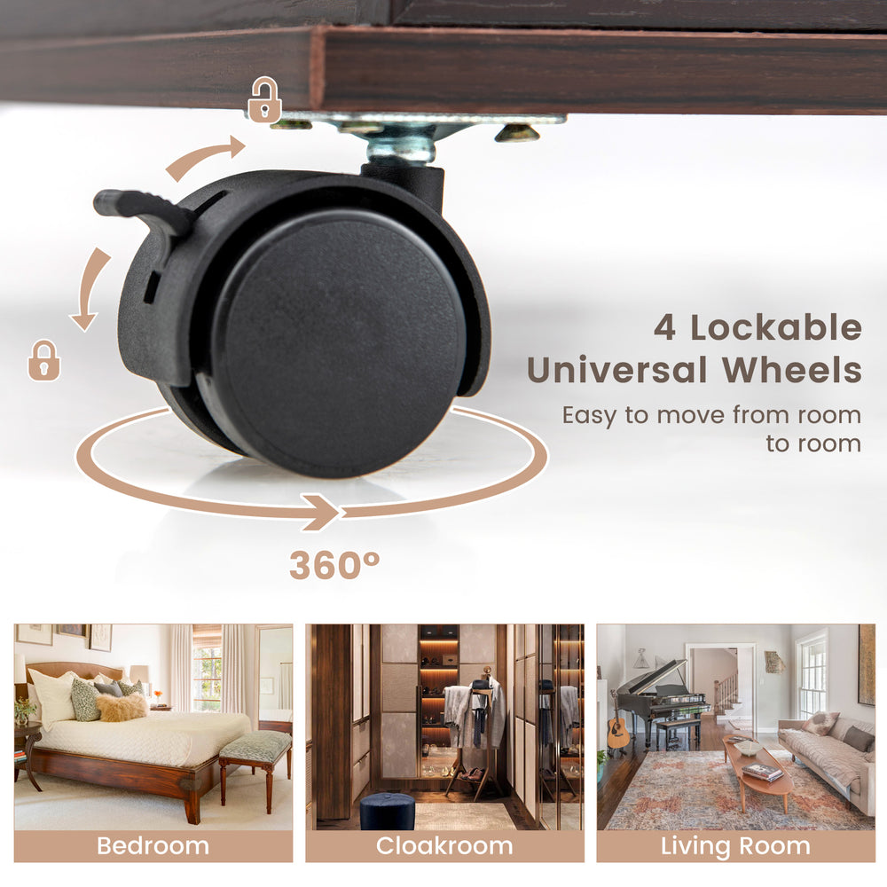 Close-up of the lockable universal wheels on the 47-inch jewelry cabinet armoire for easy mobility between rooms.