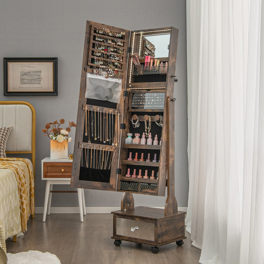 47 Inch Lockable Jewelry Cabinet Armoire with 3-Color LED Lights-Rustic Brown - Gallery View 1 of 15