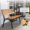 Outdoor acacia wood bench with metal frame, slatted seat design for drainage, ideal for patios and gardens.