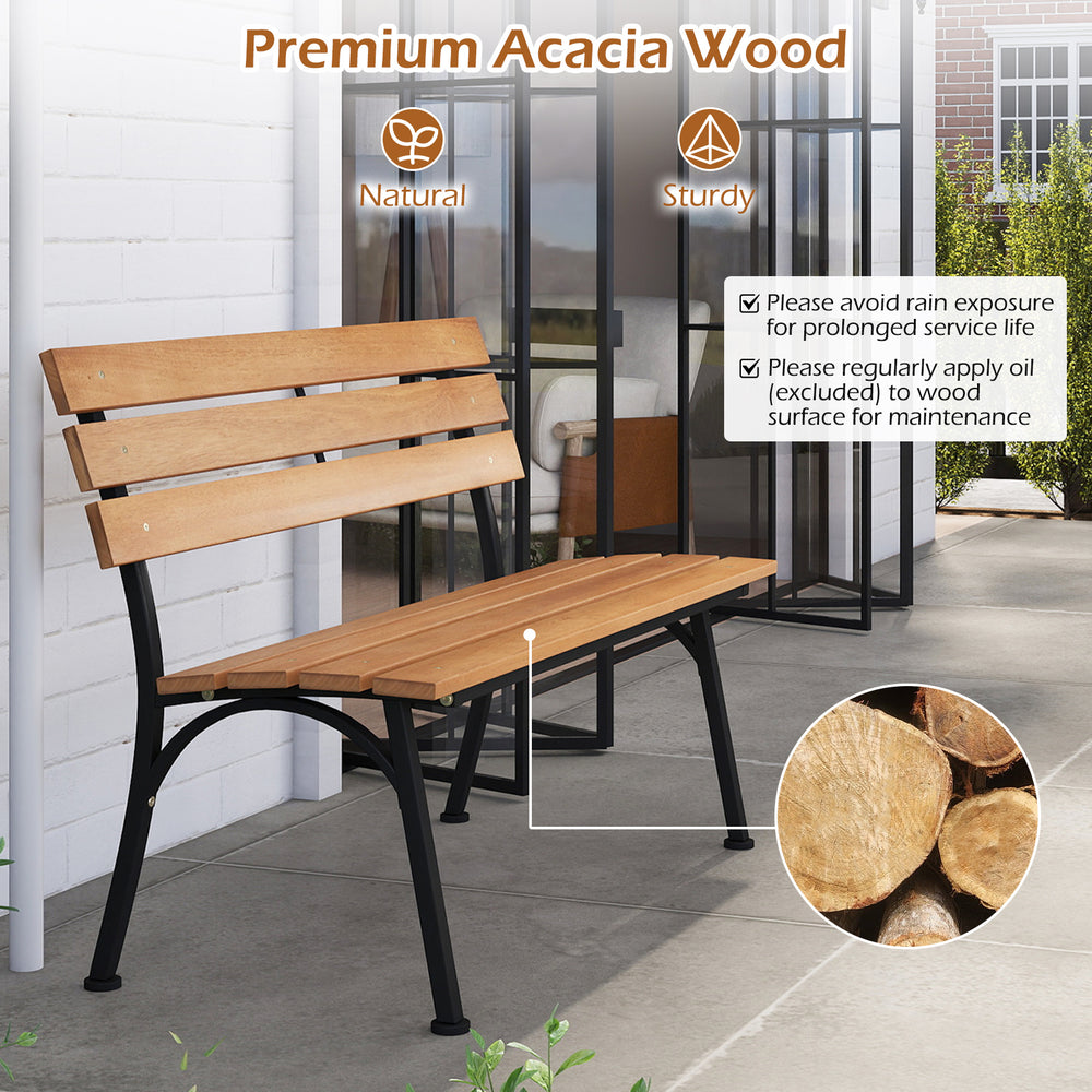 Outdoor acacia wood bench with metal frame, slatted seat design for drainage, ideal for patios and gardens.