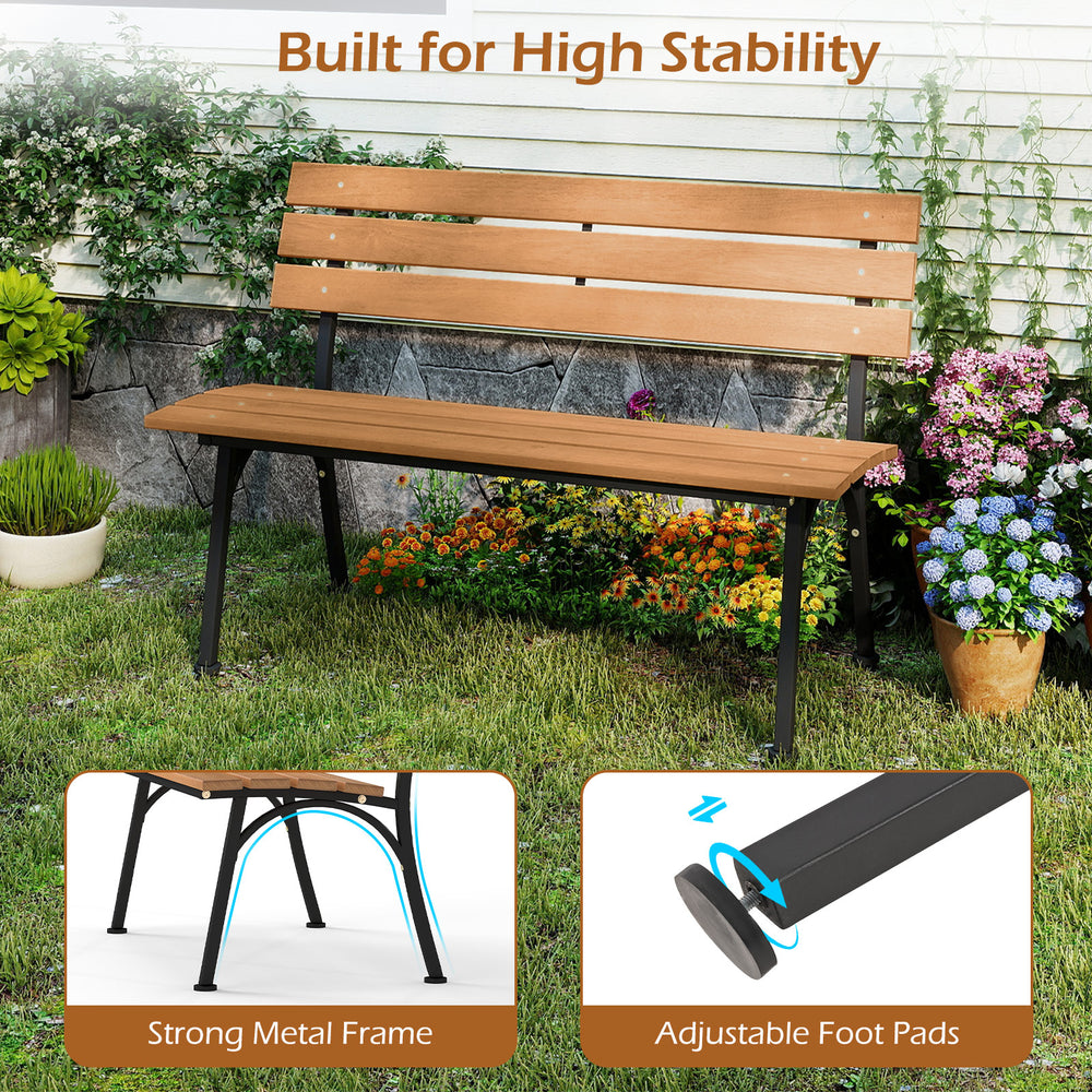 Acacia wood bench with metal frame, slatted seat design, adjustable foot pads, perfect for outdoor patios and gardens.