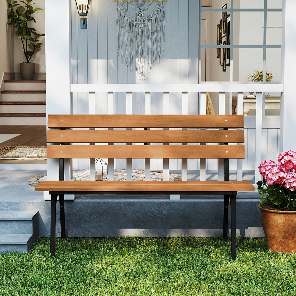 Acacia wood bench with metal frame, slatted seat design, perfect for patios and outdoor relaxation.