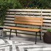 Outdoor acacia wood bench with metal frame, slatted seat design, perfect for patios and backyards, comfortably seats 2.