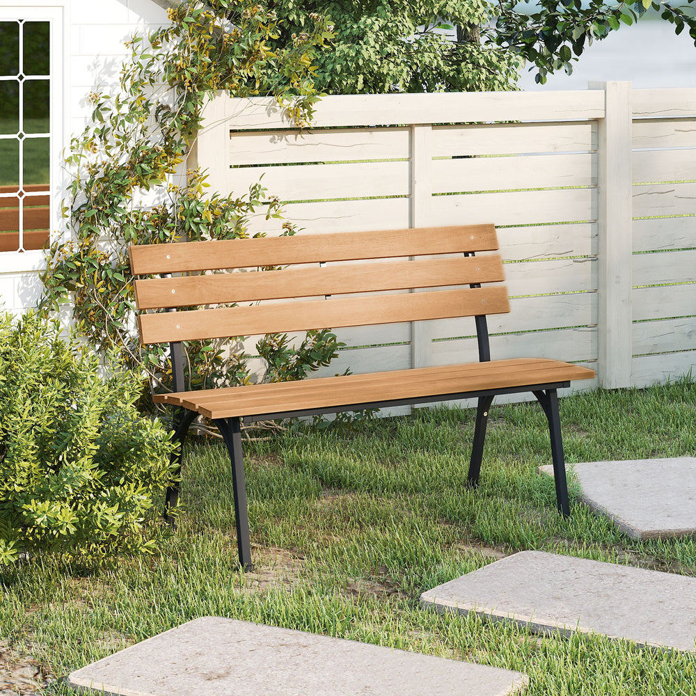 Acacia wood outdoor bench with metal frame, slatted seat design, ideal for patios and gardens, comfortably seats 2.