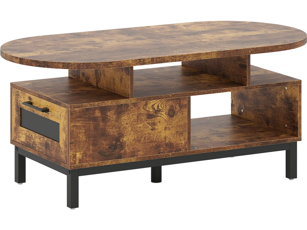 Oval coffee table in rustic brown with open compartments and storage, perfect for living room decor and organization.